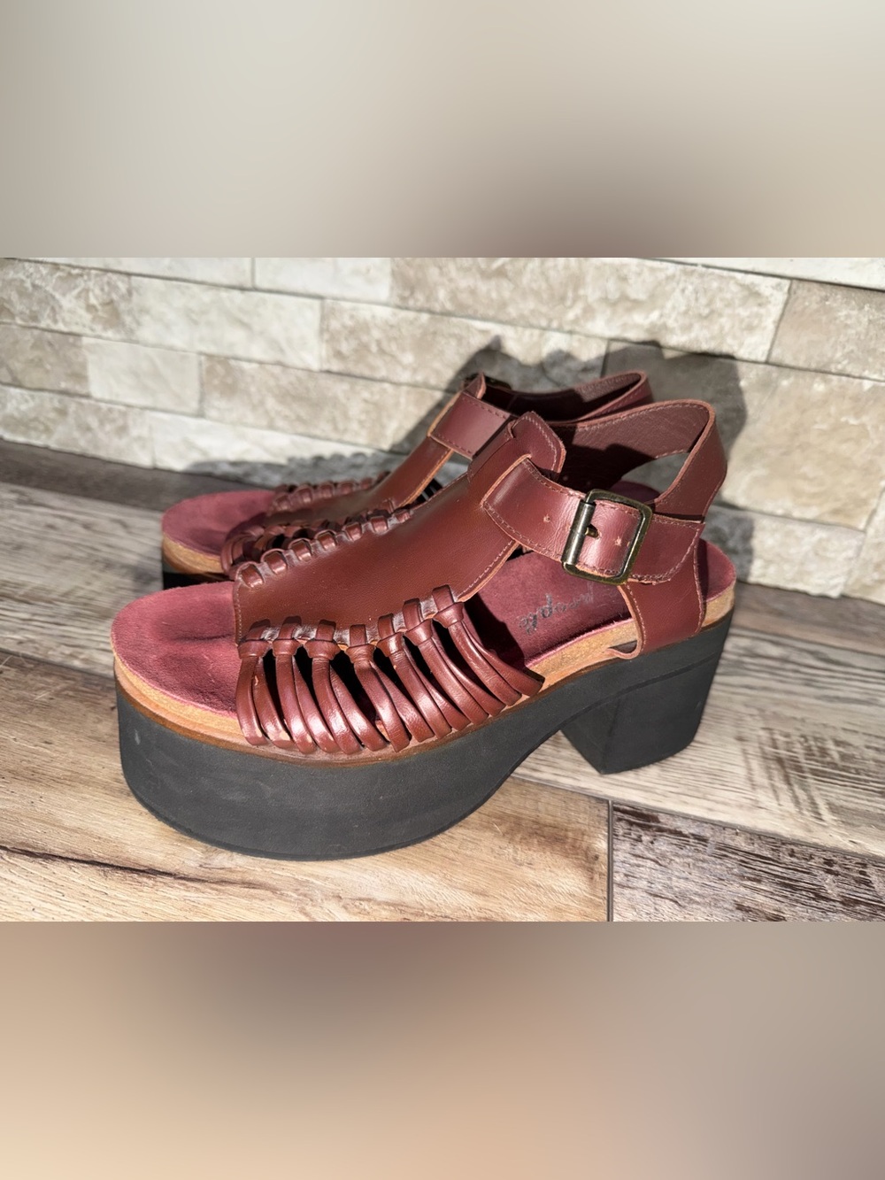 Free People Ava Platform Sandal Burgundy Huarache Weaved Leather 38 - Picture 5 of 8